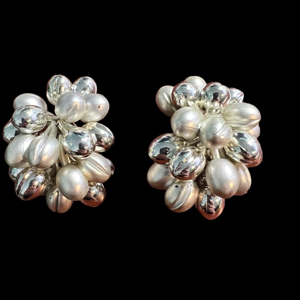 Vintage Earrings Silver Beaded Cluster Flower Acrylic Classic Clip On